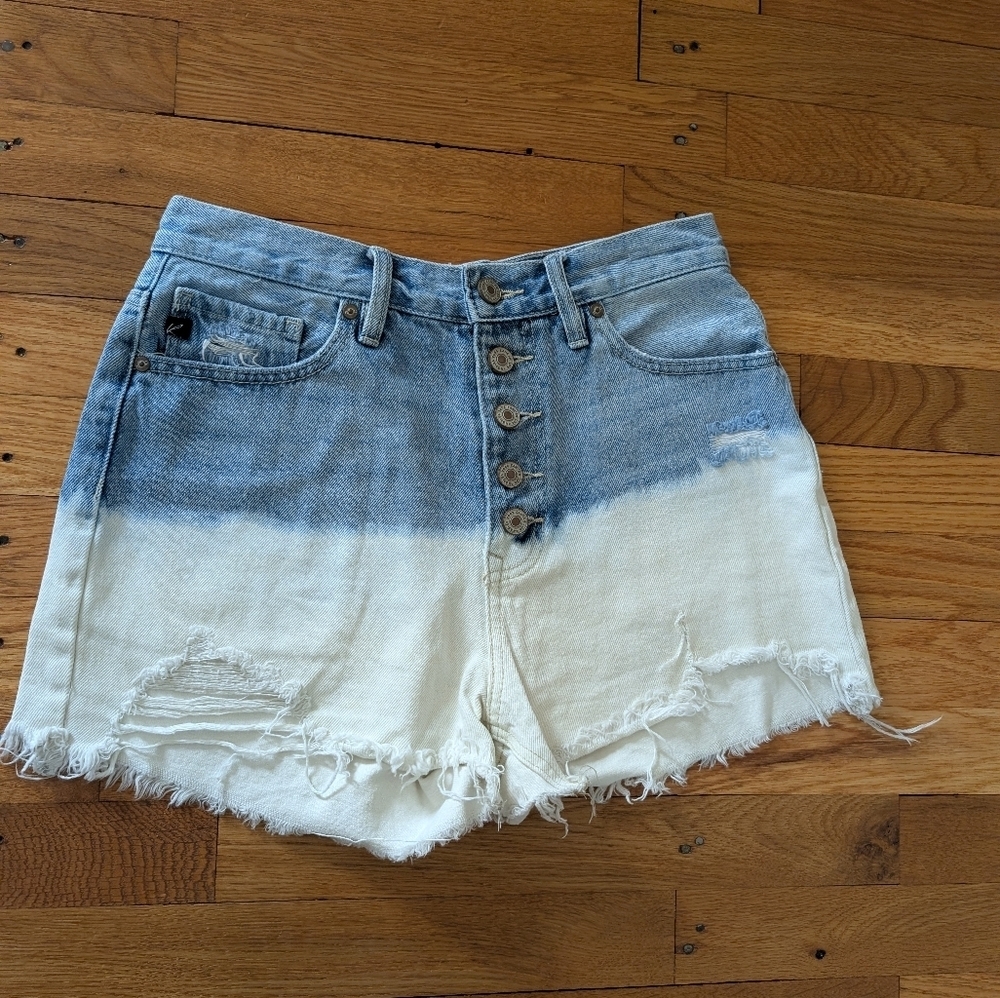 KanCan Two-Tone Dip Dye Denim Shorts - Blue and White